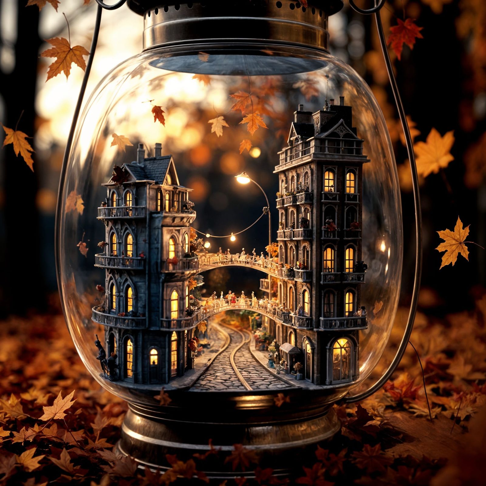 City Inside a Lantern with Autumn Leaves