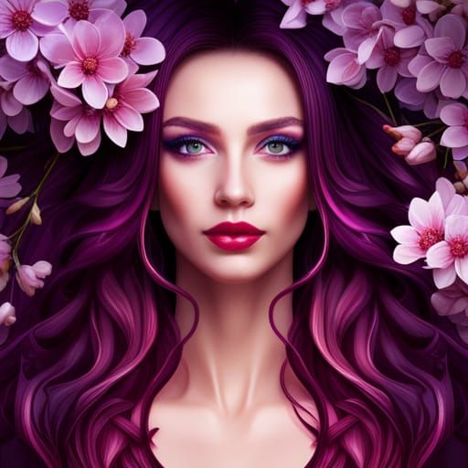 Magenta-Haired Woman Surrounded by Cherry Blossoms