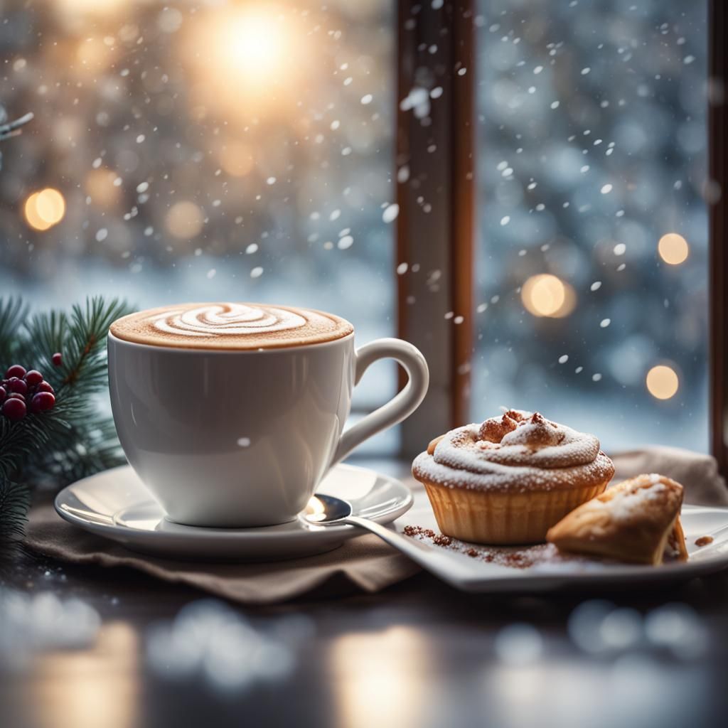 Winter Cappuccino Scene with Snowfall, Professional Photogra...