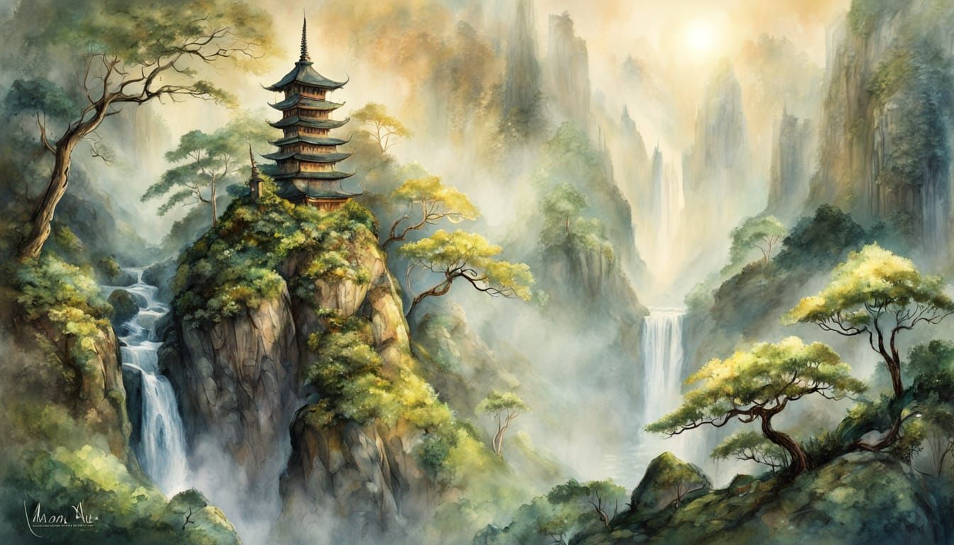 Whimsical Fantasy Pagoda in a Misty Landscape