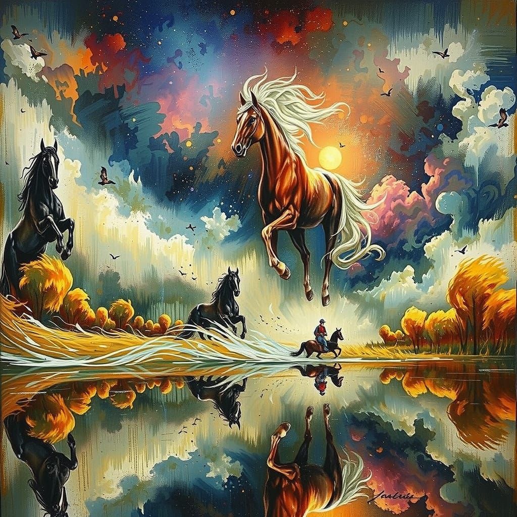 Powerful Chestnut Horse Galloping in Golden Meadow