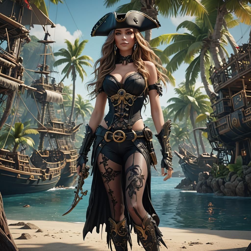 Pirate on Tropical Island with Pirate Ships