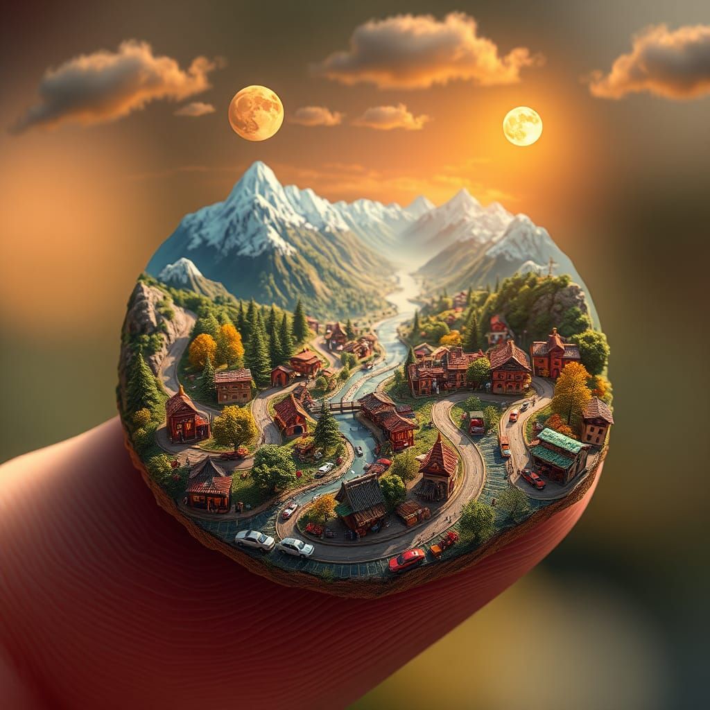 Miniature World on Fingernail: Detailed Matte Painting