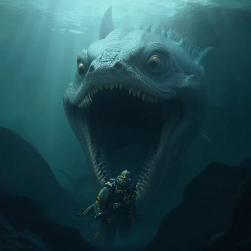 Hyperrealistic Closeup of a Gargantuan Moray Eel Sea Monster