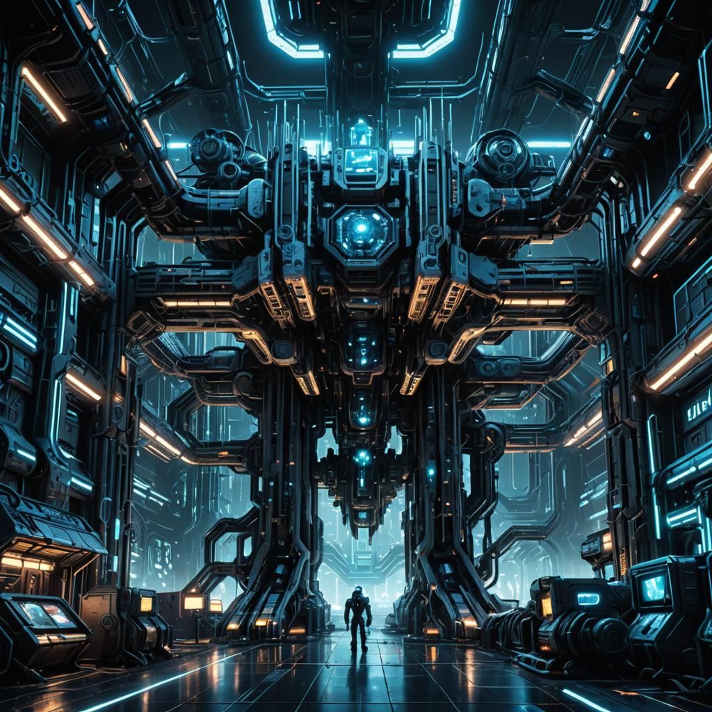 Cyberpunk Space Station with Neon and Electric Circuits