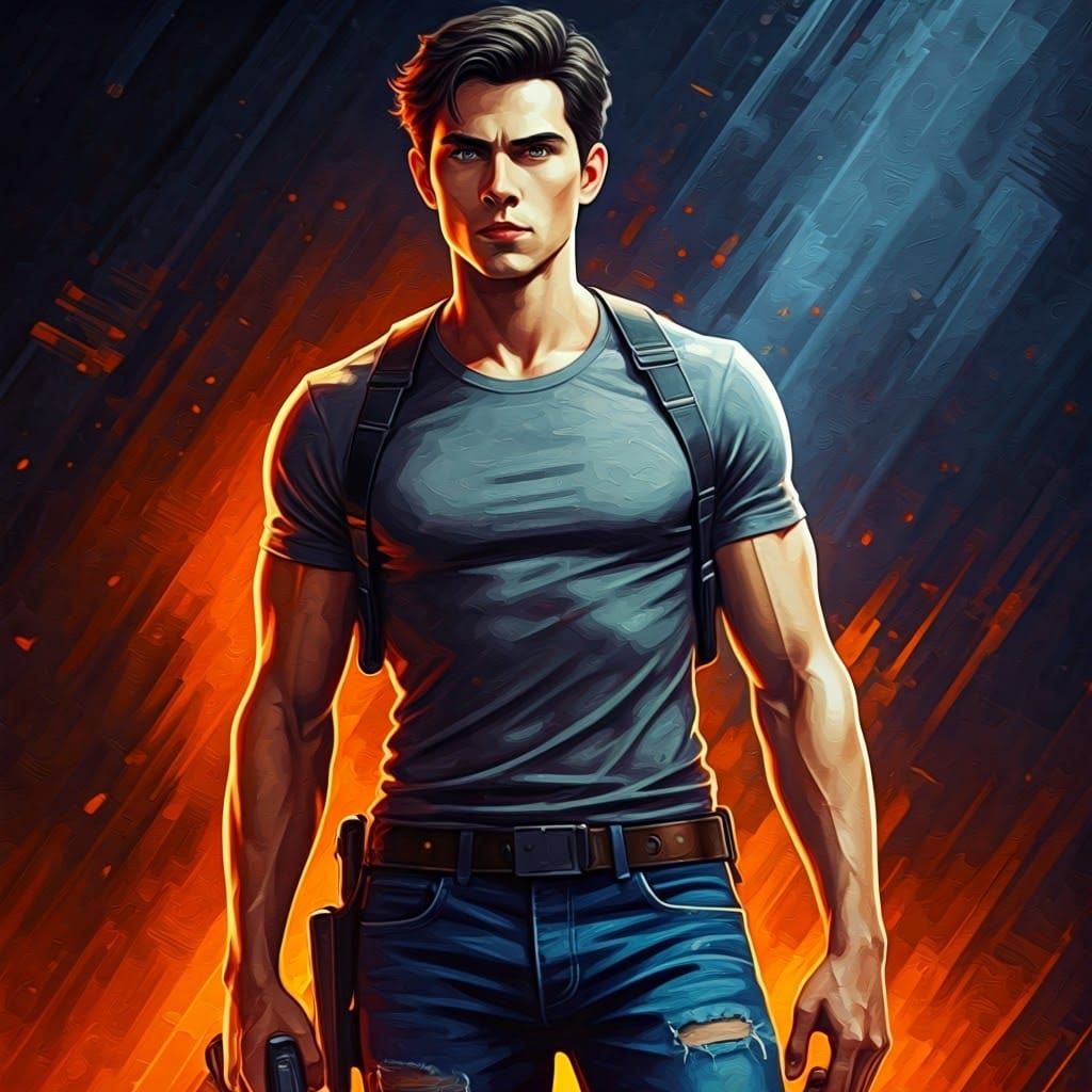 Vigilant Young Hero Portrait in Gouache Style