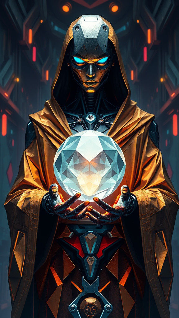 Cyberpunk Robot Fortune Teller with Crystal Ball
