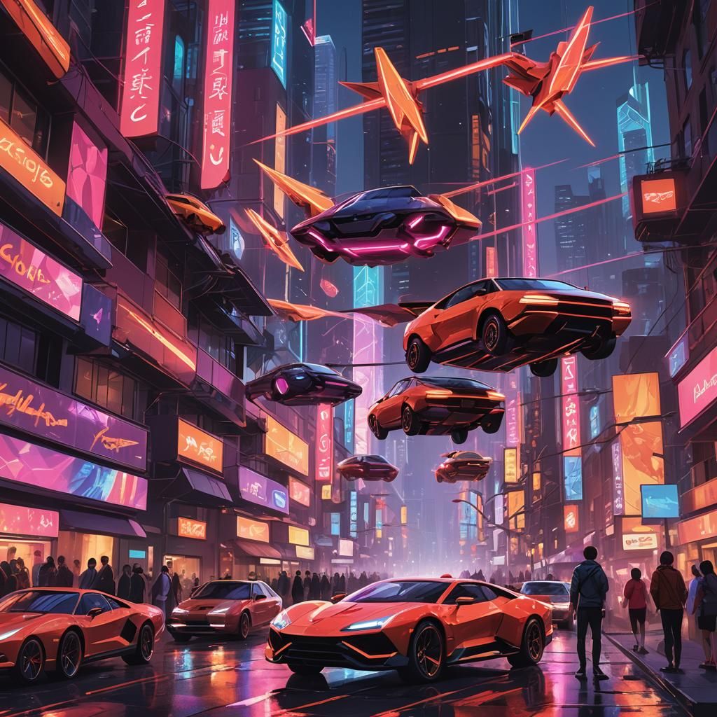 Futuristic Neon Cityscape with Floating Cars