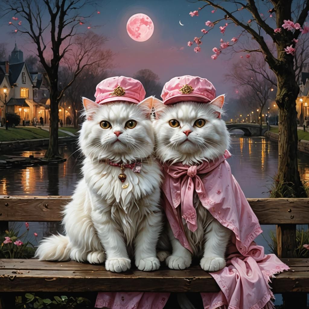 Fluffy Cats in Pink Hats Under Moonlight
