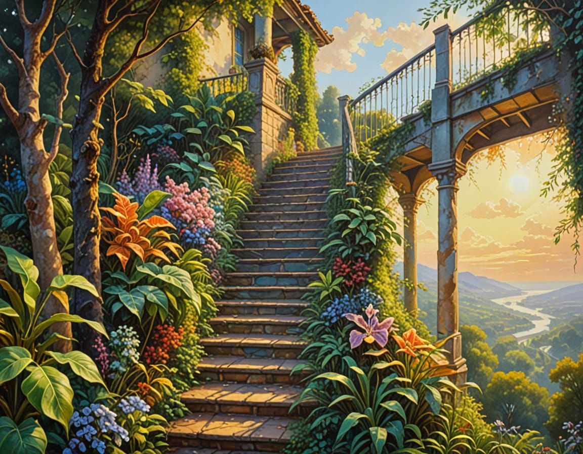 Lush Riverside Staircase in Neo-Impressionist Style