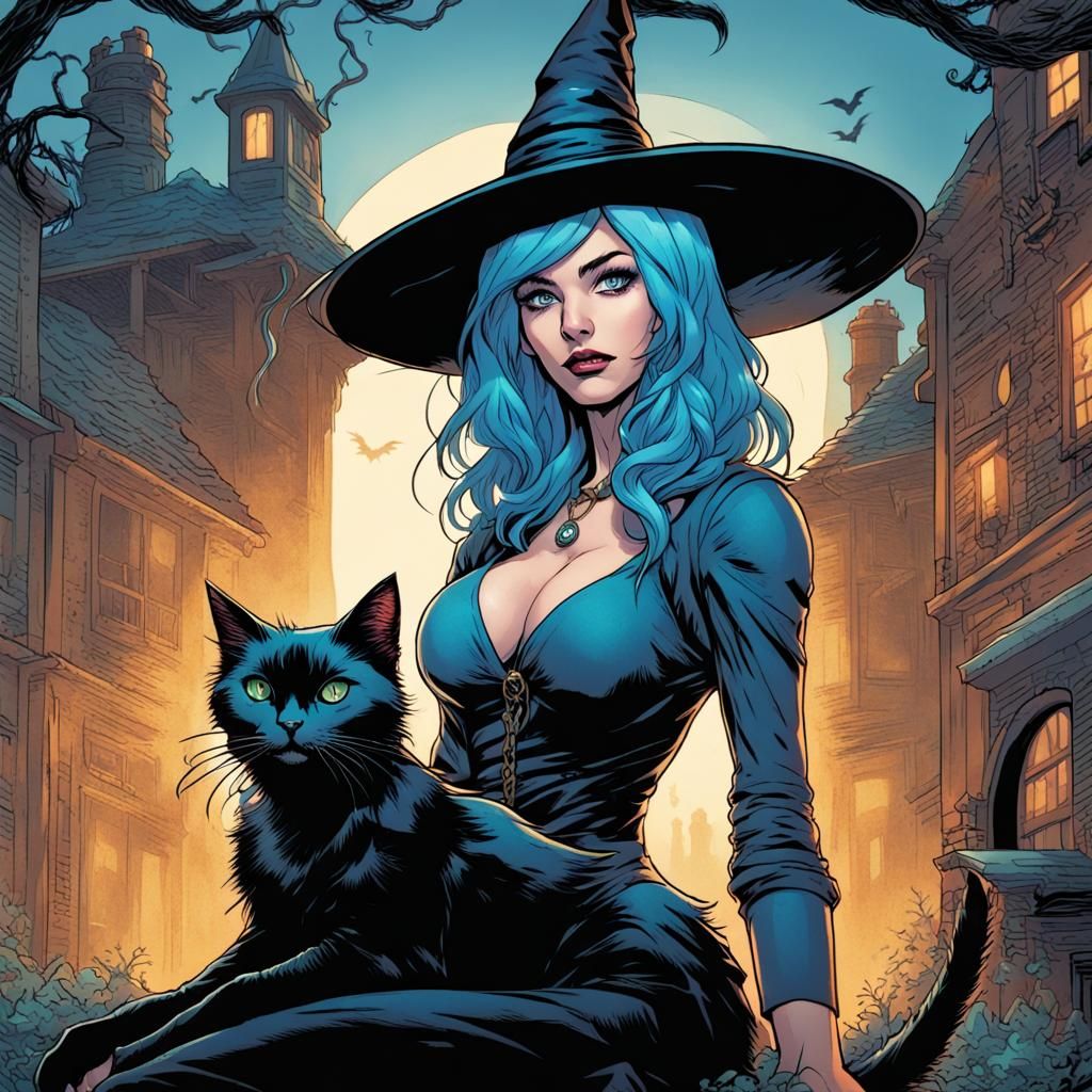 Blue-Haired Witch Poses with Black Cat in Comic Art