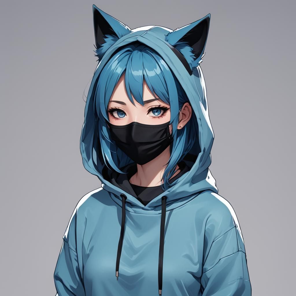 Anime Girl with Blue Hoodie and Cat Ears