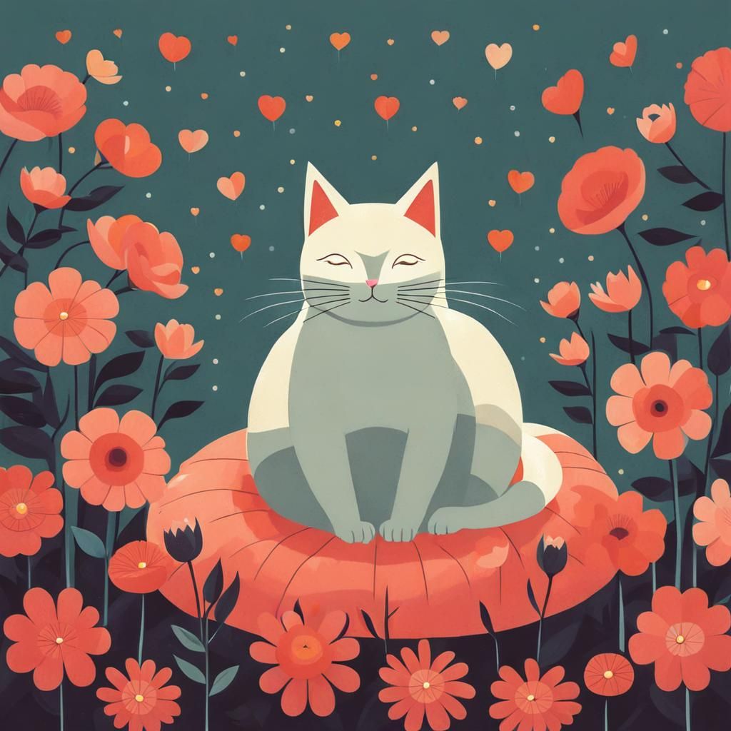 Cat on Pillow Surrounded by Flowers Illustration
