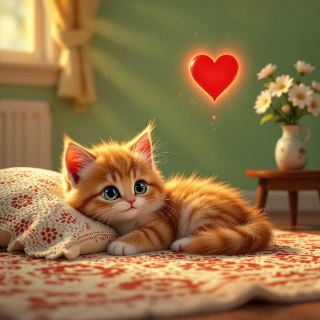 Fluffy Kitten With Glowing Heart Near Flowers