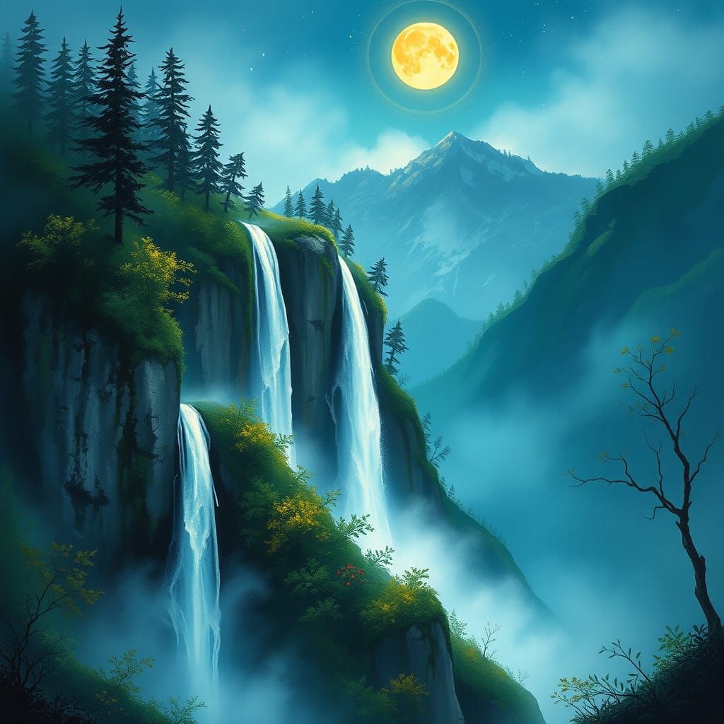 Dreamy Moonlit Waterfall in Ethereal Style