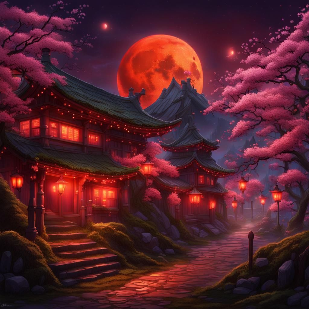 Fantasy Town Under Blood Moon: Matte Painting
