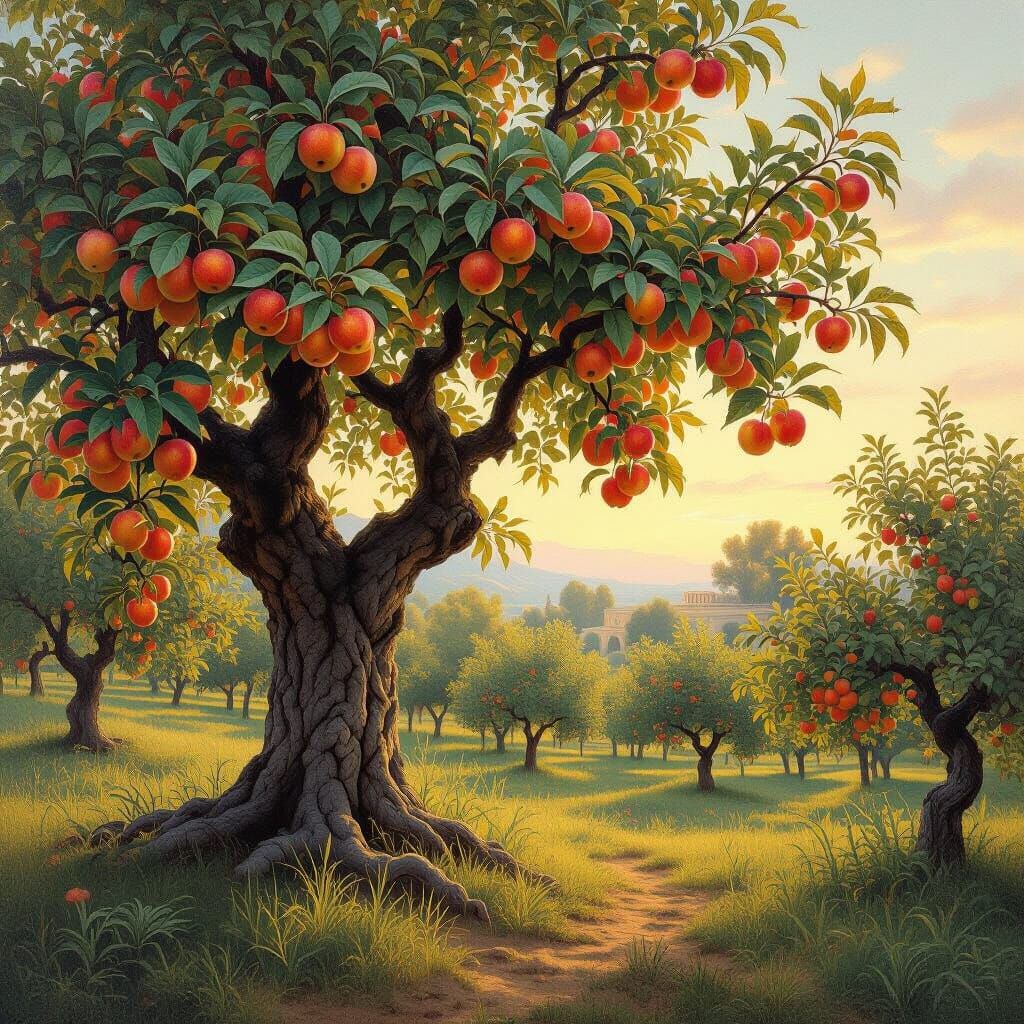 Ethereal Dawn Orchard with Ancient Tree and Temple