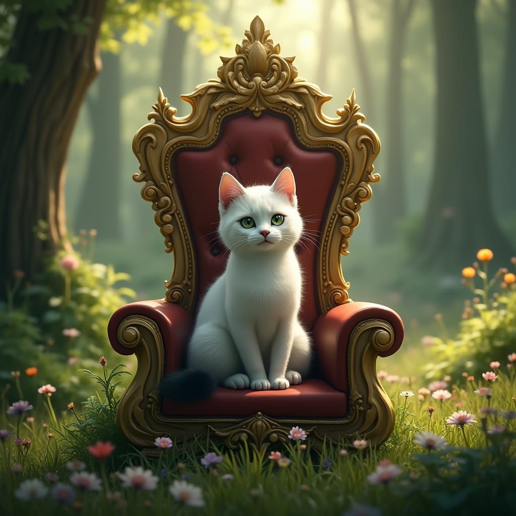 Regal Feline Sovereign in Lush Fantasy Realm