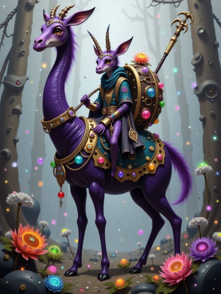 Fox Merchant on Purple Giraffe in Fantasy Art Style
