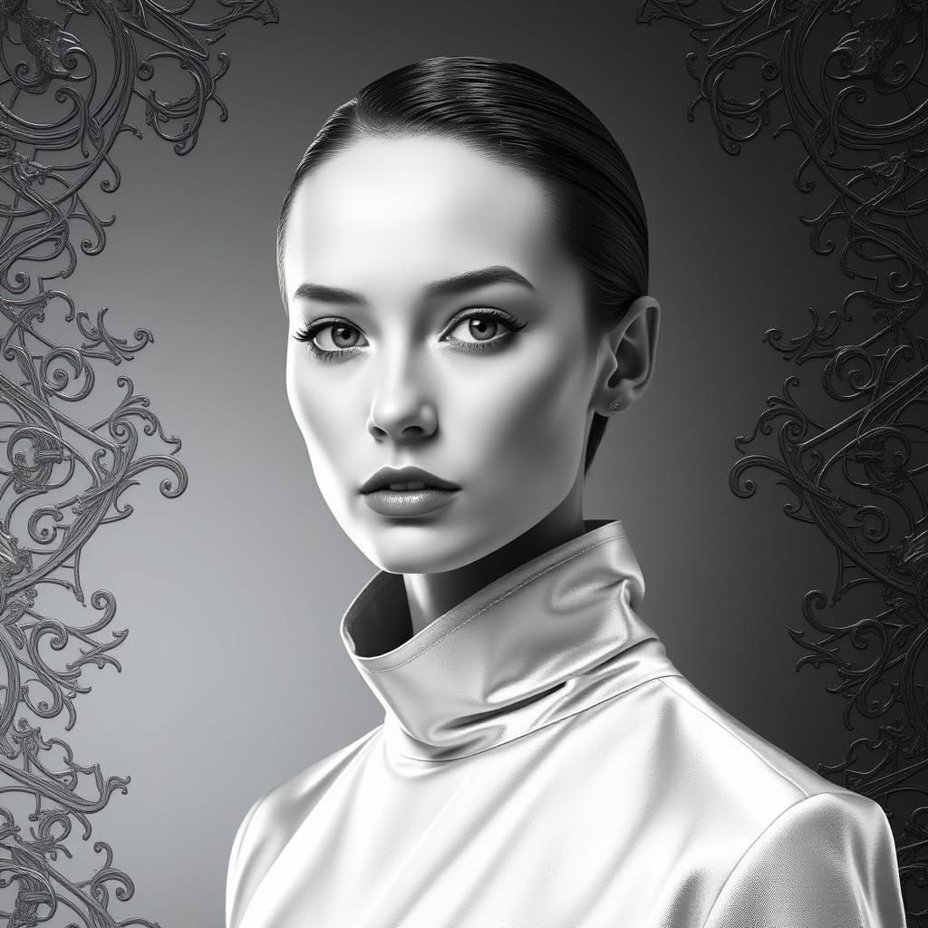 Elegant Grayscale Portrait with Metallic Textures