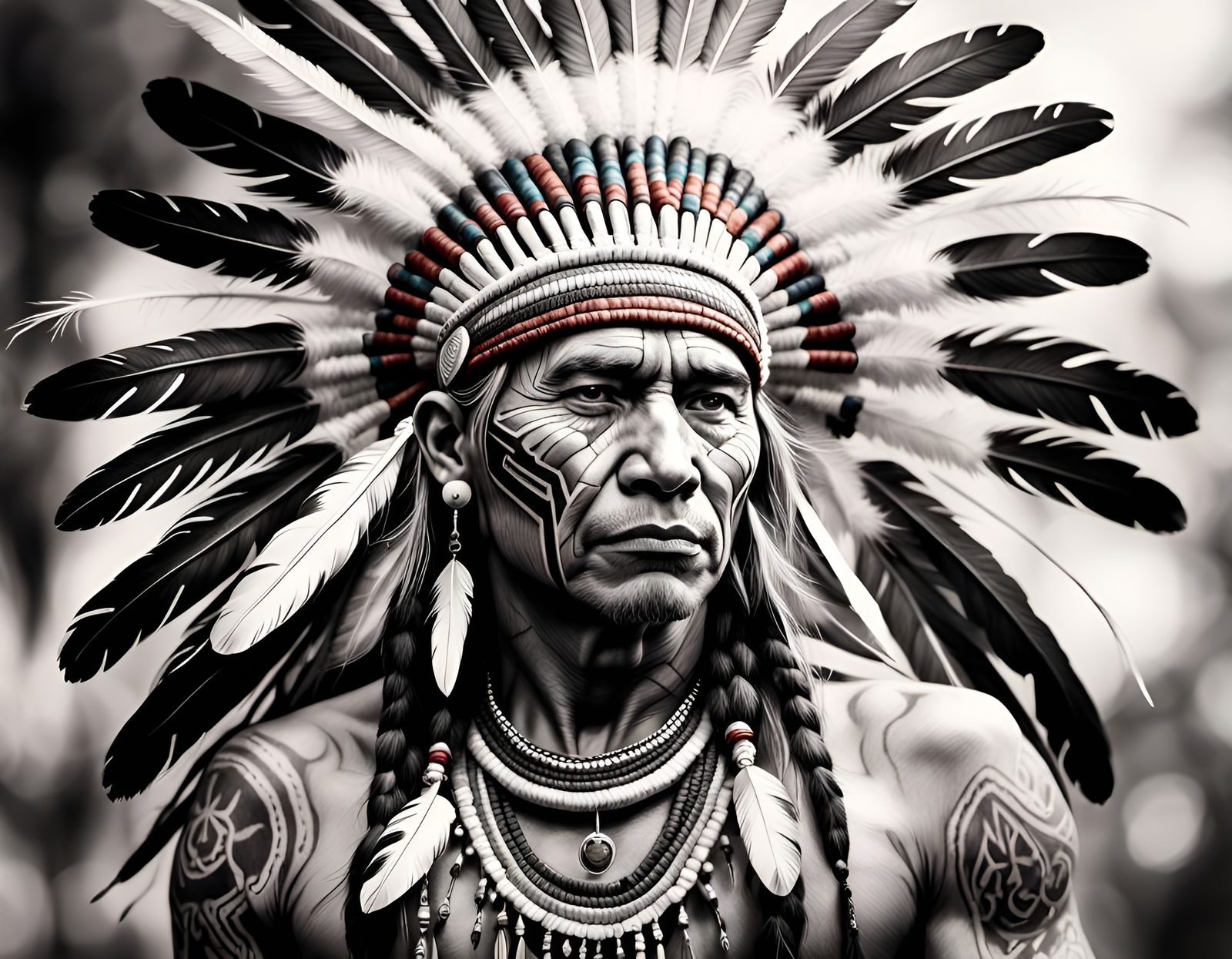 Hand drawn pencil sketch of an american Indian, facial tatto...