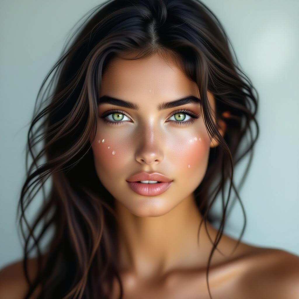 Stunning Woman with Flowing Hair, Hyperrealistic Portrait