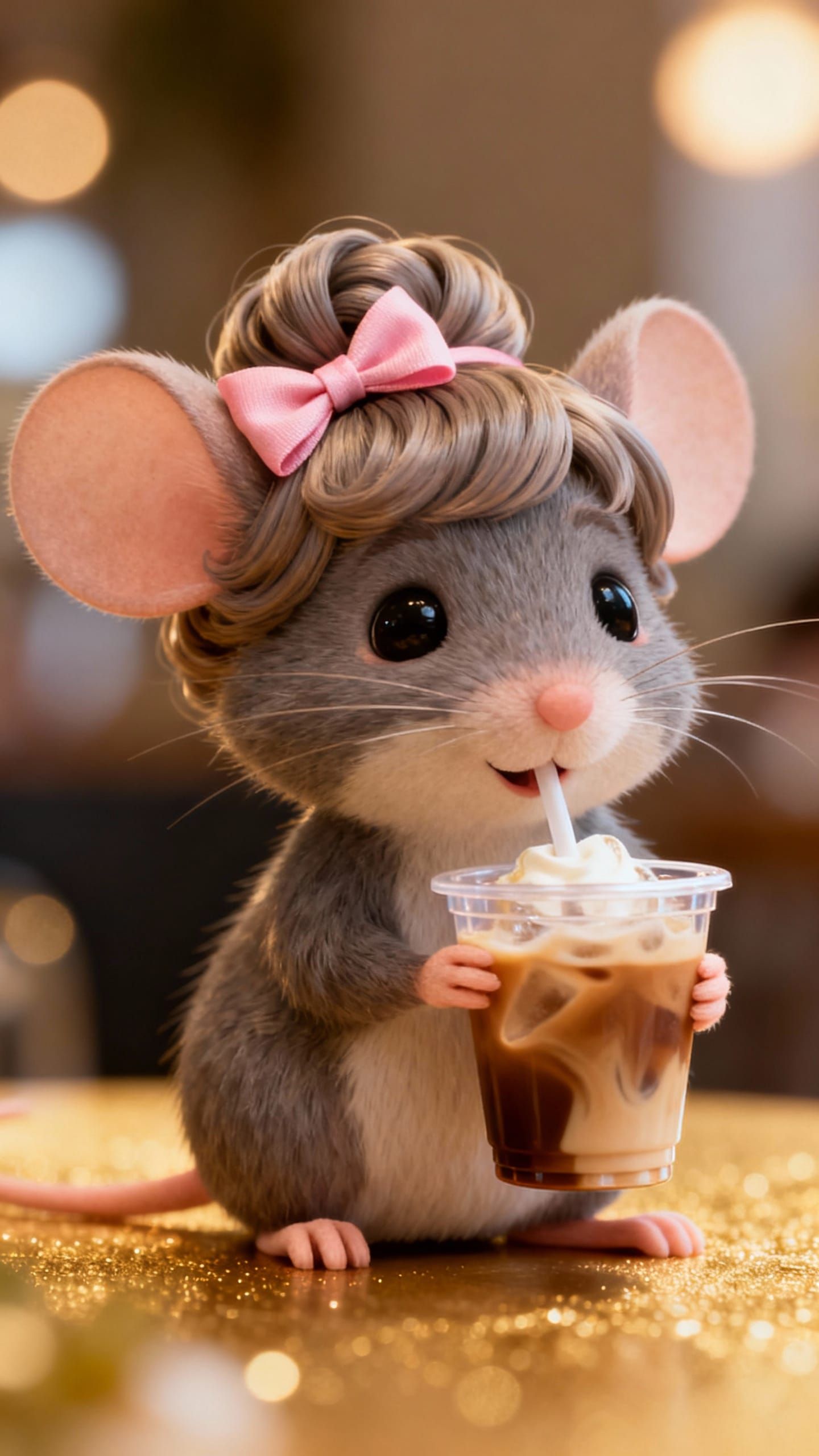 Adorable Mouse Enjoys Iced Coffee with Whimsical Charm