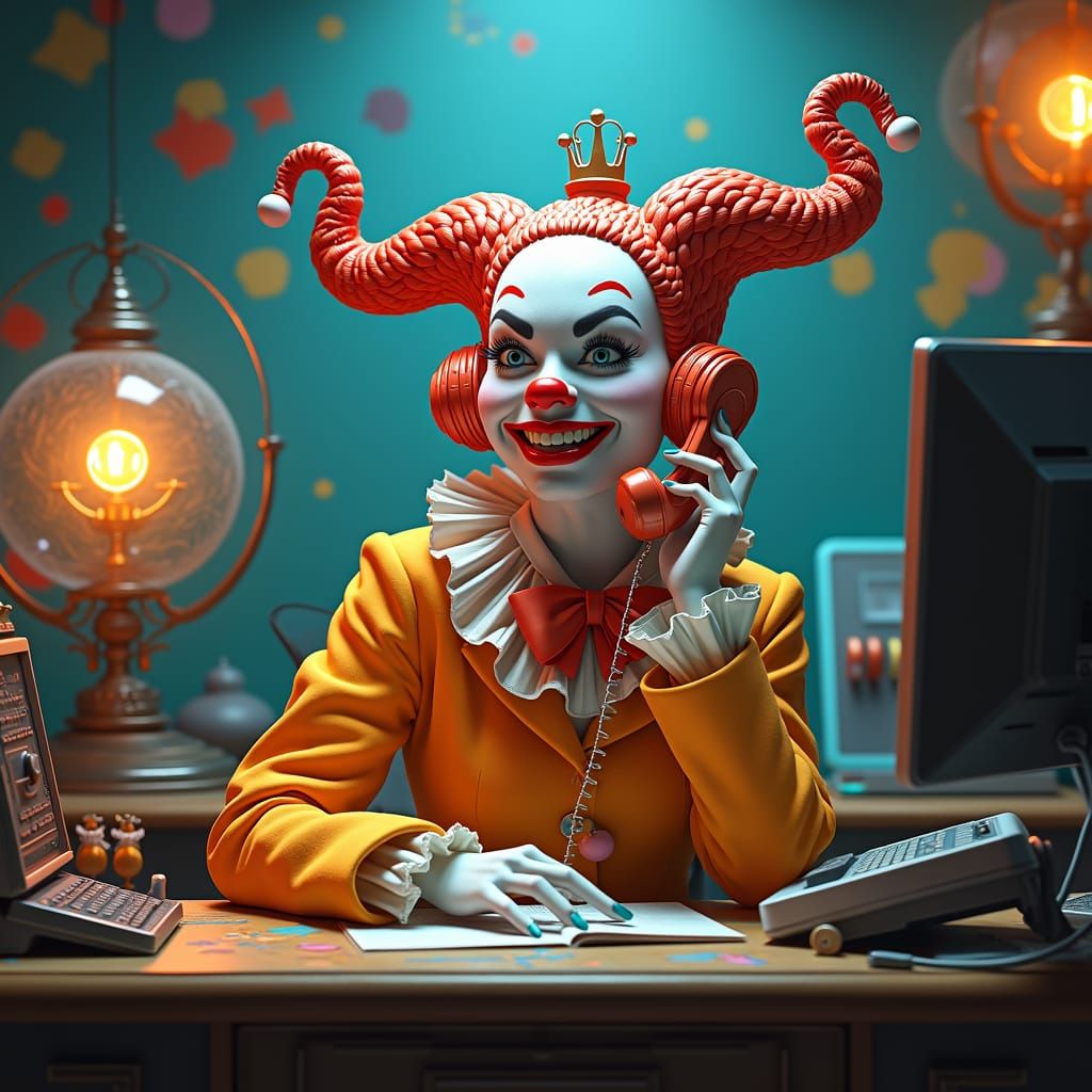 Clown Answering Calls in Retro-Futuristic Style