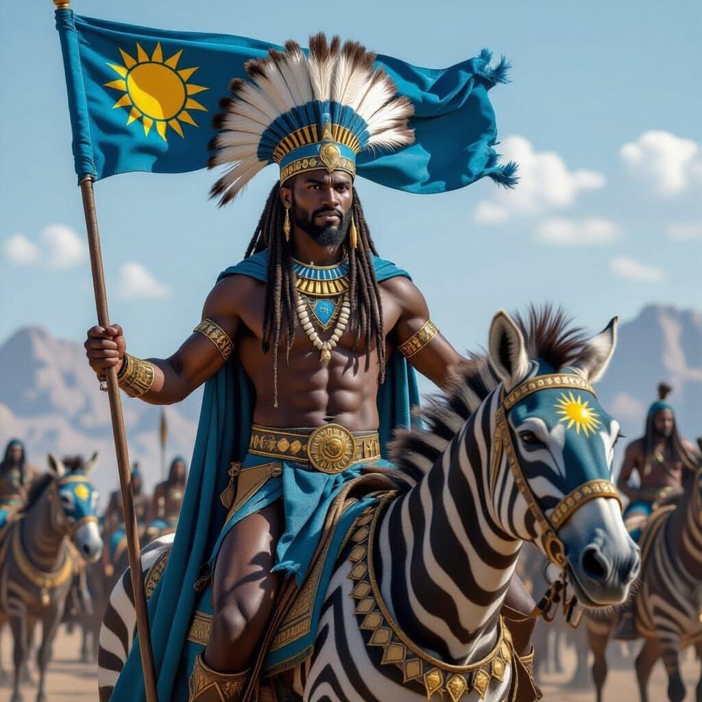 Warrior Banner Bearer on Zebra in African Savanna Battlefiel...