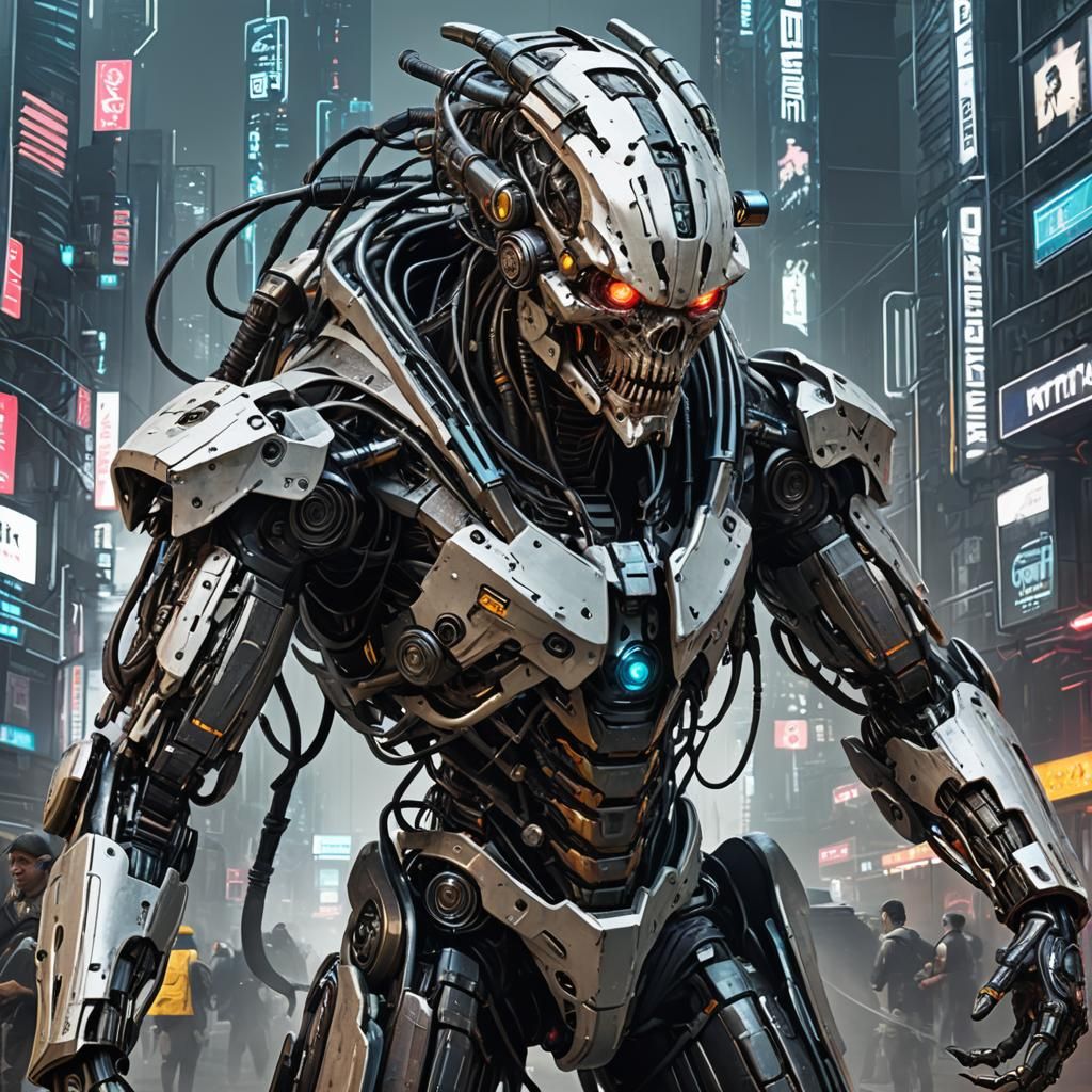 Cyberpunk Cybernetic Monster in Futuristic Cityscape