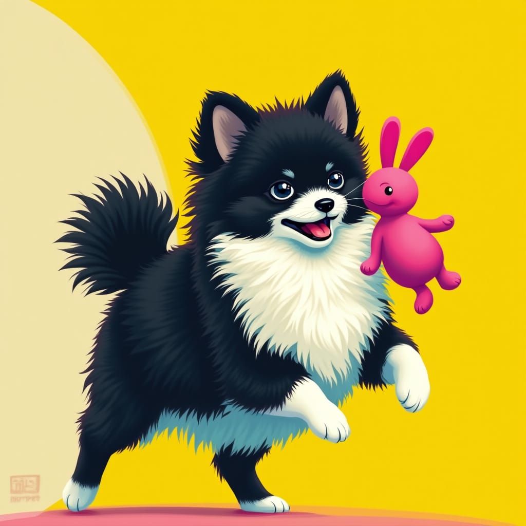 Vibrant Pomeranian Plays with Bright Pink Bunny Toy in Triad...