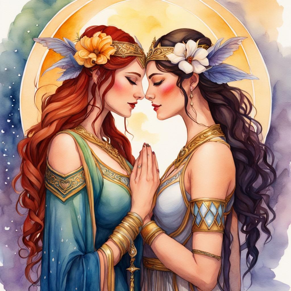 Loving Lesbian Goddesses in Watercolor Style