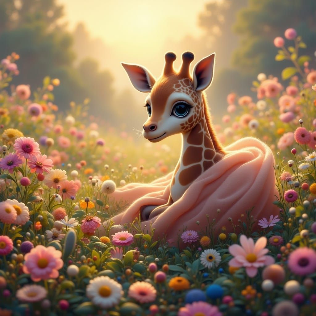 Enchanted Giraffe in Floral Meadow, Dreamlike Digital Art
