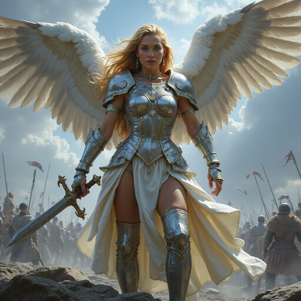 Valkyrie Goddess of War in Shining Armor with Feathered Wing...