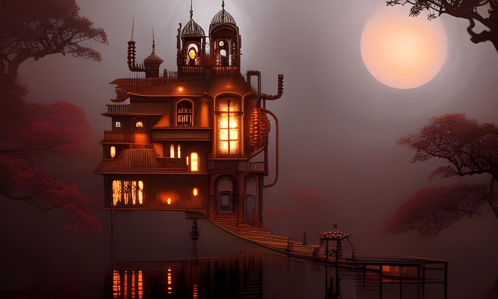 Surreal Steampunk House in Noir Cubist Style