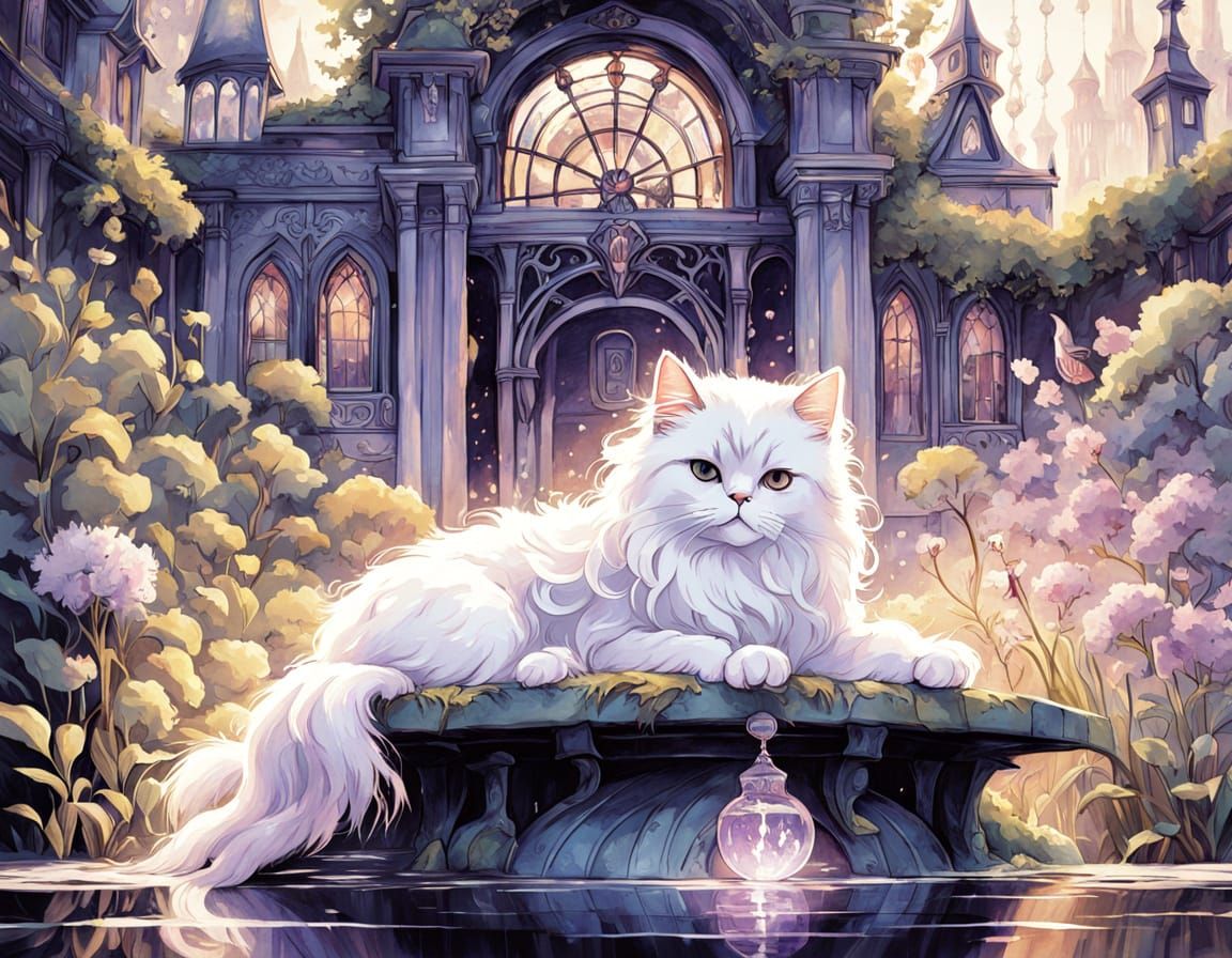 Whimsical Witchcore Manor with Serene Waterwheel Scene