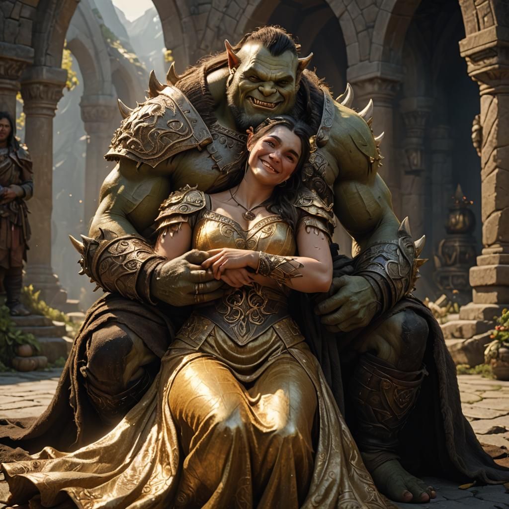 Orc and Fairy Snuggling in Cottage Interior