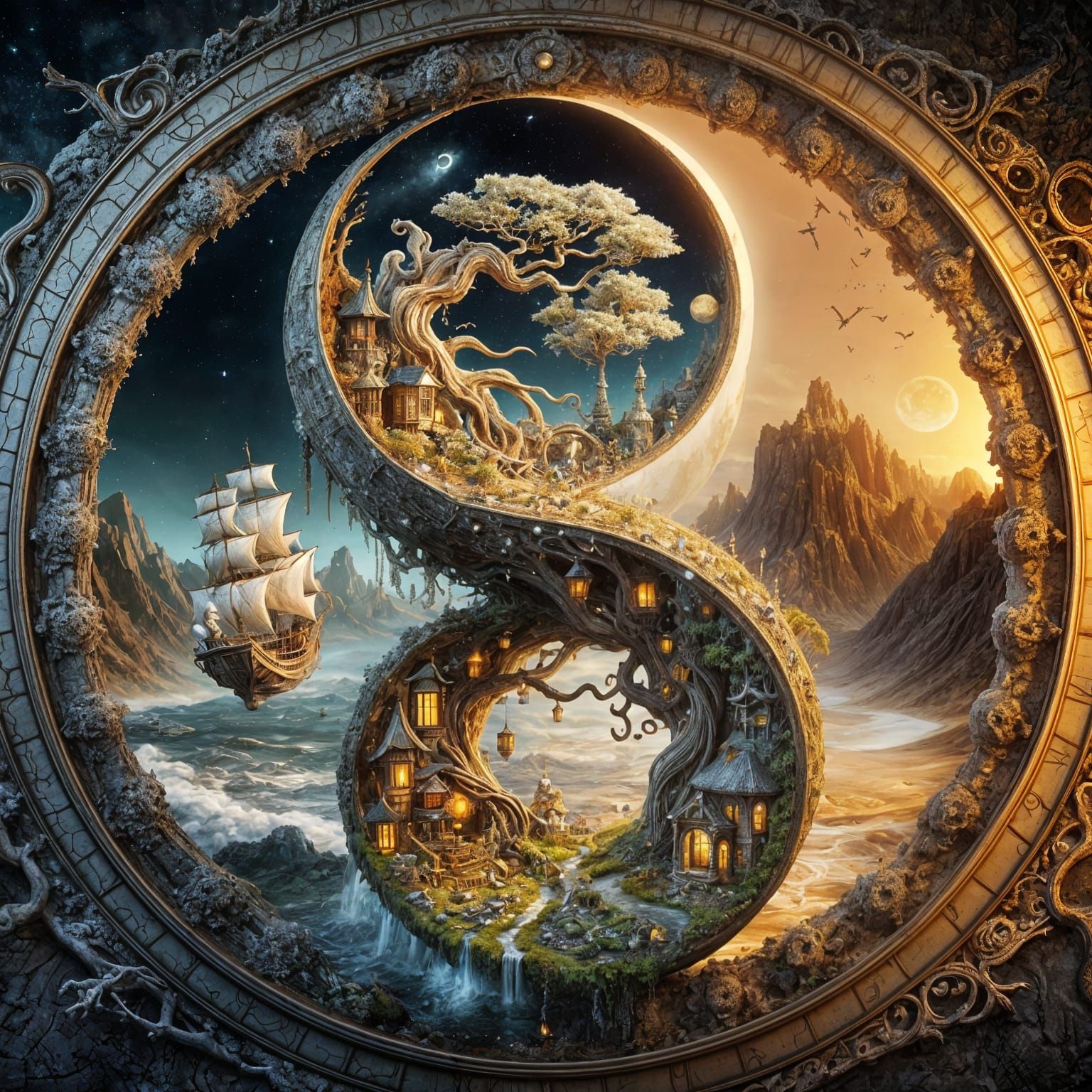 Creative Masterpiece , Yin Yang,  a magnificent surreal scene within a cracked open half-c...