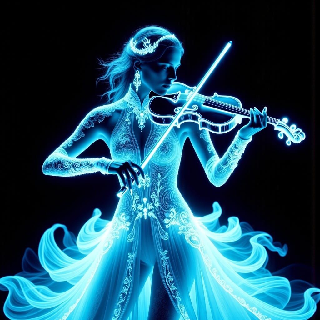 Futuristic Violinist in Neon-Lit Black Contrast