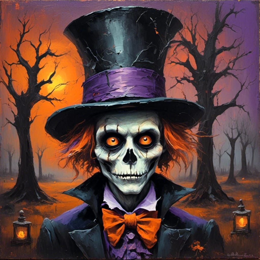 Surreal Halloween Cemetery Vampire Hatter, as Oil Painting