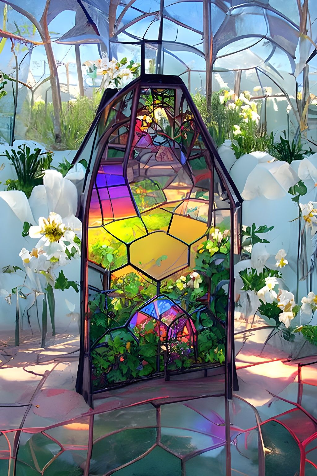 Botanical Stained Glass Greenhouse in Detailed Floral Style