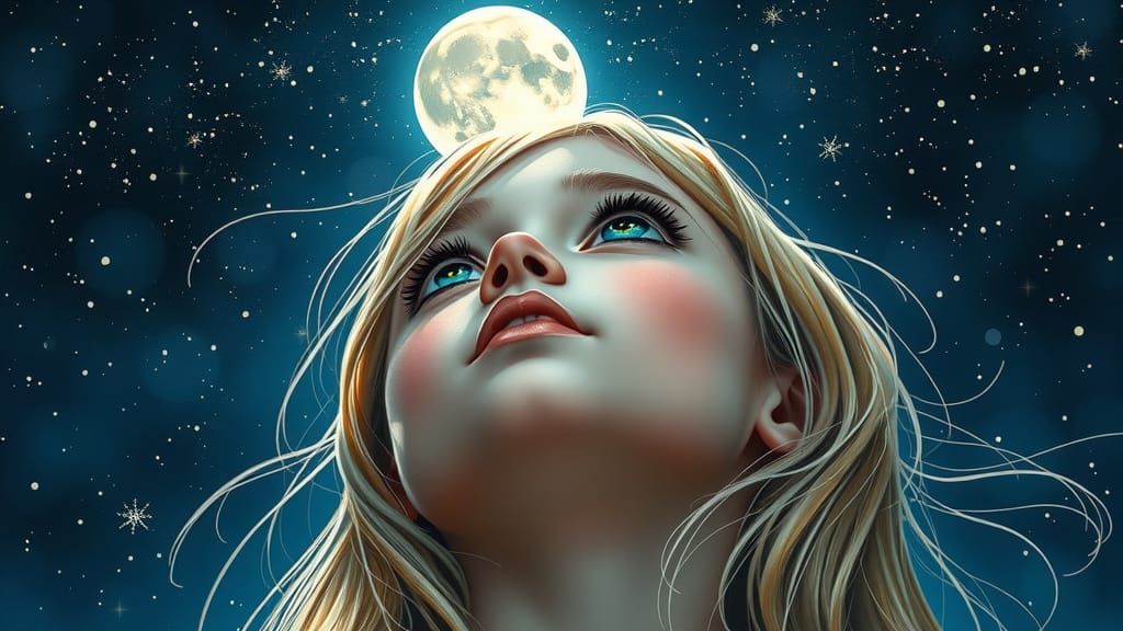 Girl Gazing at Moonlit Sky in Alcohol Ink Style
