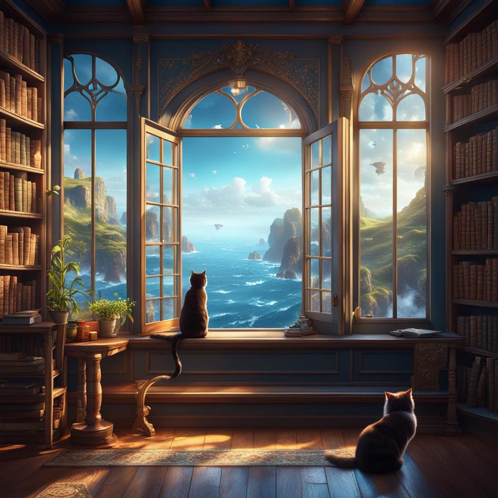 Library with Sea View and Cat, Matte Painting