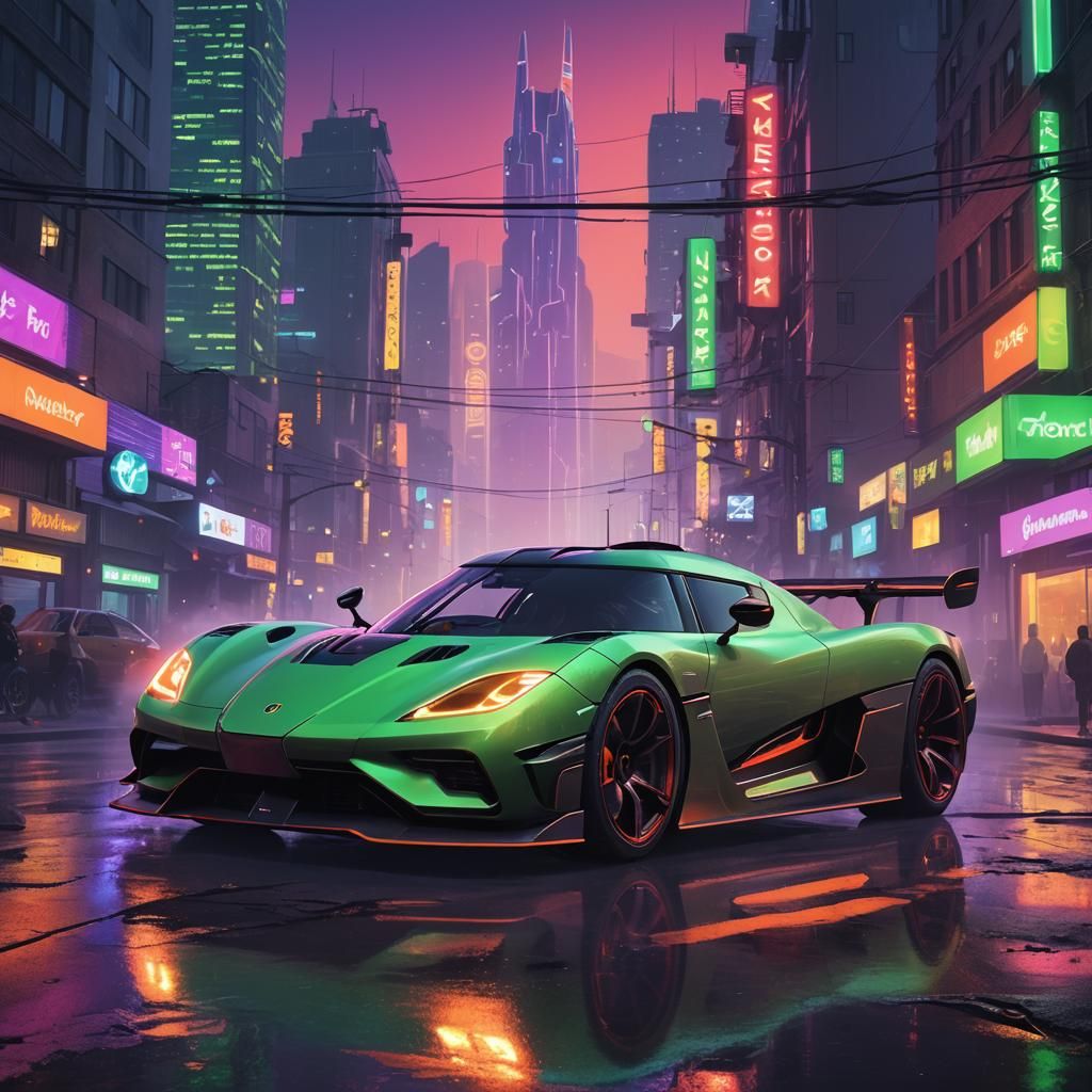 Koenigsegg Jesko in Neon Futuristic Cityscape