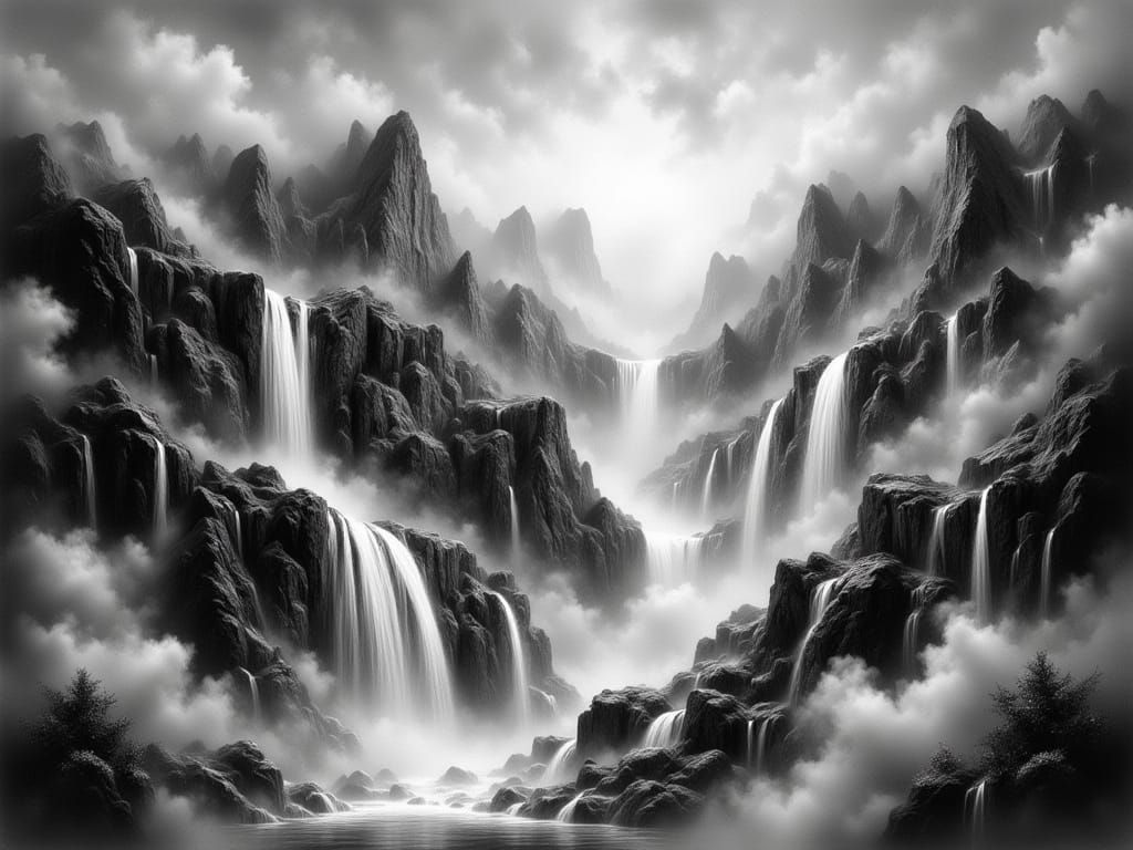 Dreamy Charcoal Waterfall Scene in Stark Contrast