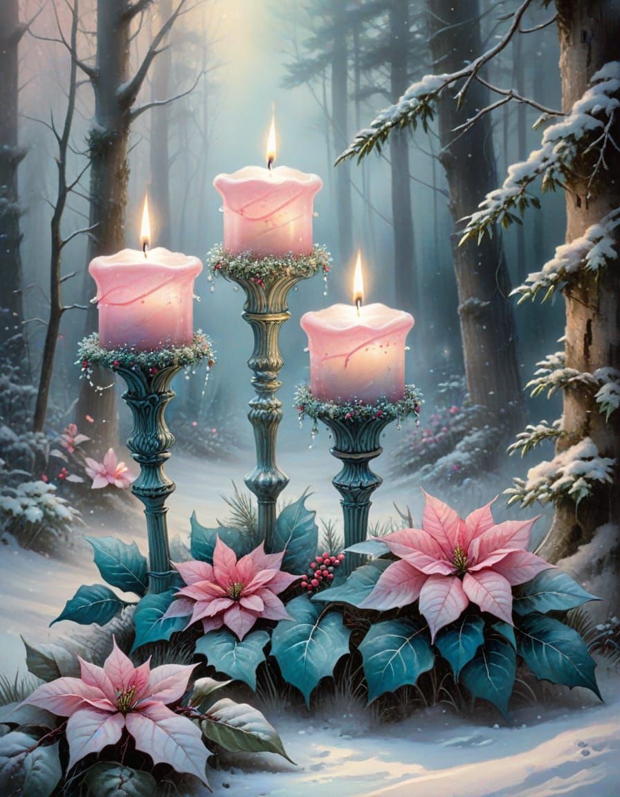 Ethereal Forest Clearing with Pink & Teal Poinsettias
