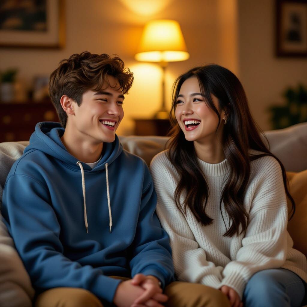 Couple Laughing on Sofa in Cozy Living Room