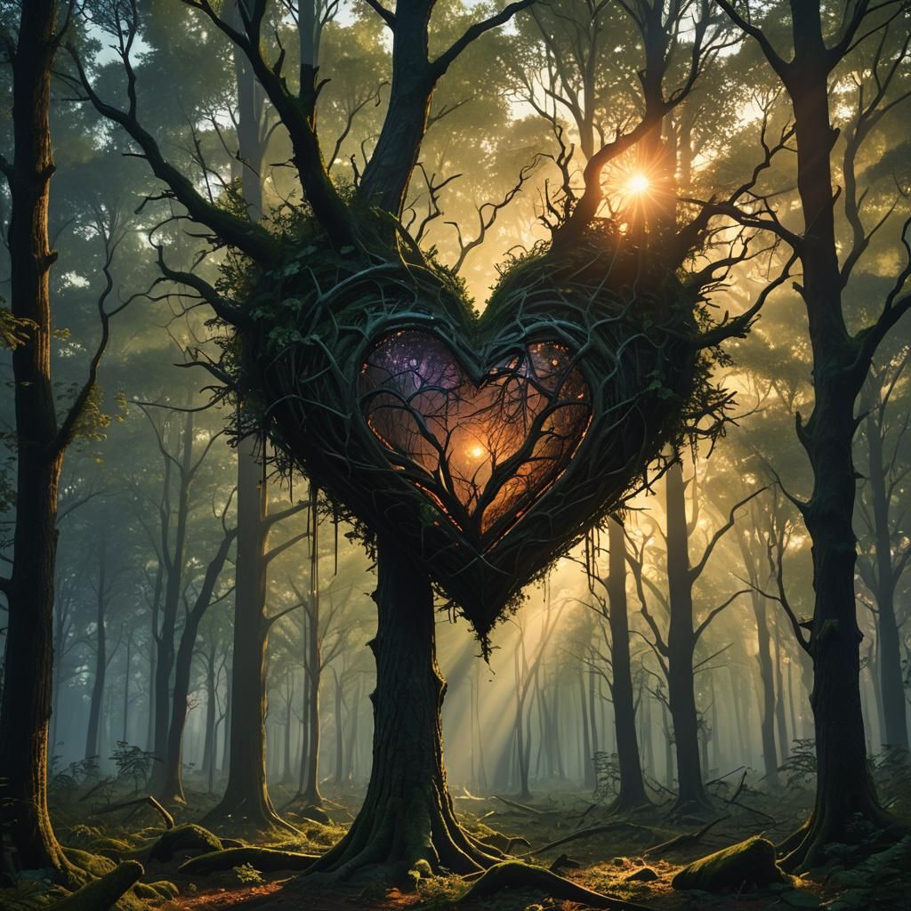 Heart Illuminates Forest in Matte Painting Style