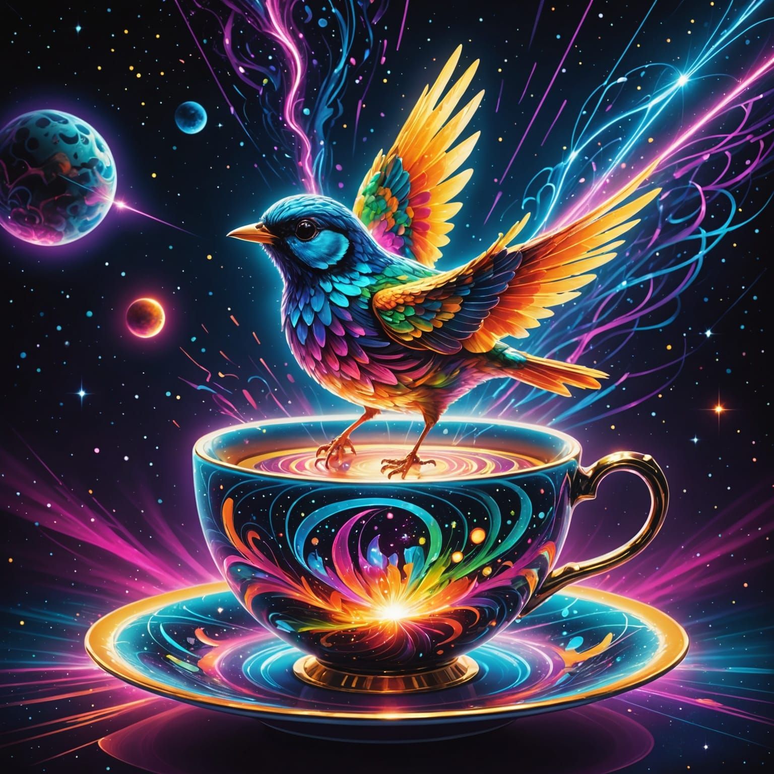 Psychedelic Laser Bird and Teacup on Meteor in Deep Space