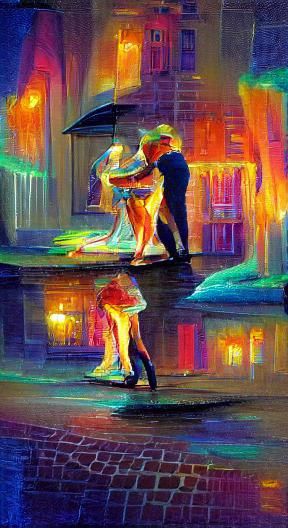 Couple Dancing in Neon Rain, Watercolor Style
